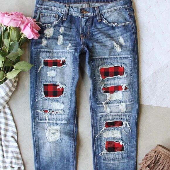 NEW! Popular Broken Ripped Patched Buffalo Plaid Distressed Blue Jeans Denim - Picture 1 of 5